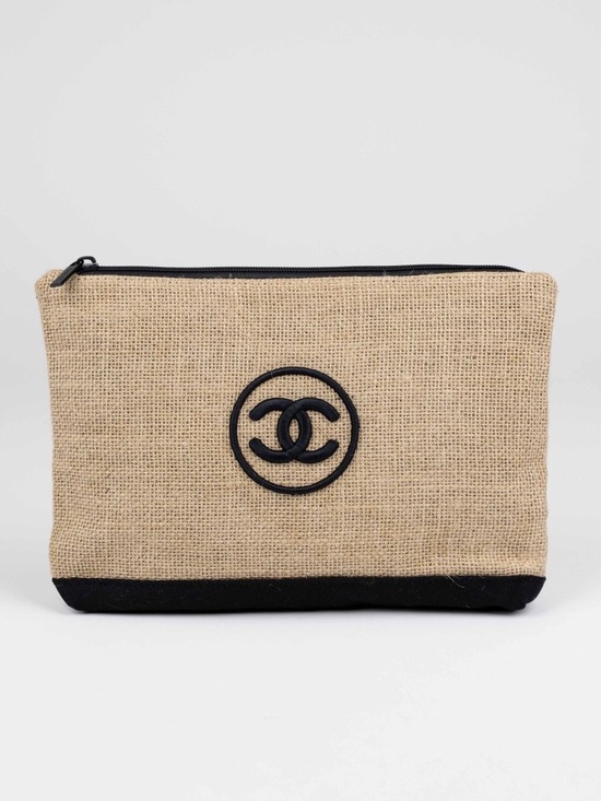 CHANEL Handbags - NWOT Chanel Beaute Natural Burlap Pouch with Black Accents